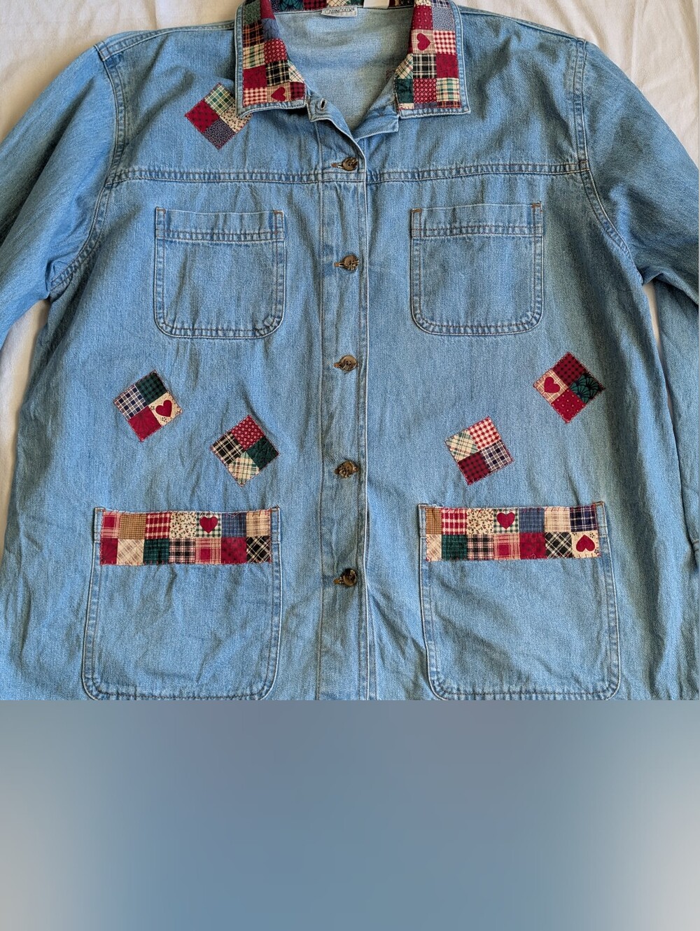 Vintage 90s Cabin Creek Patchwork Denim Shirt Hearts Cottagecore Grannycore sz2X